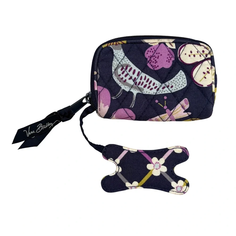Vera Bradley Quilted Coin Purse Nightingale Print Navy Purple Cord Wrap Set